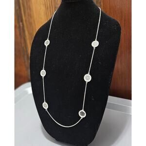 Chico's Silver-Tone Long Station Necklace with Floral Filigree Disc Charms